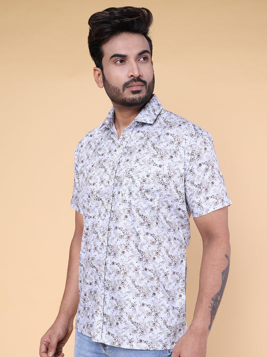 Men’s White Printed Silk Blend Shirt