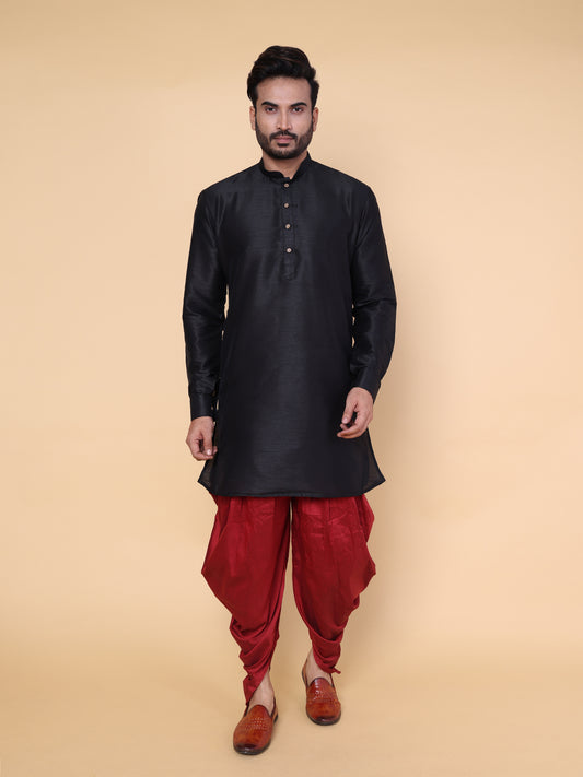 Men's Black Silk Blend Kurta with Maroon Dhoti Set