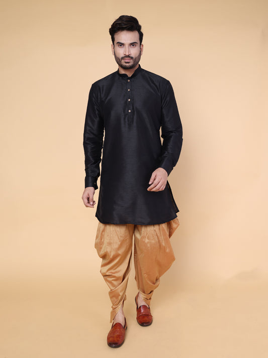 Men's Black Silk Blend Kurta with Rose Gold Dhoti Set