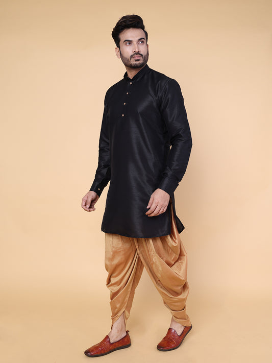 Men's Black Silk Blend Kurta with Rose Gold Dhoti Set
