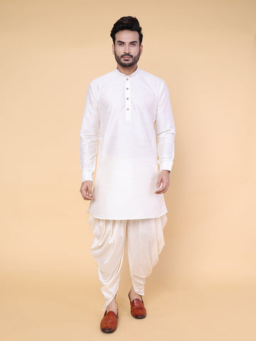 Men's Cream Silk Blend Kurta with Dhoti Set