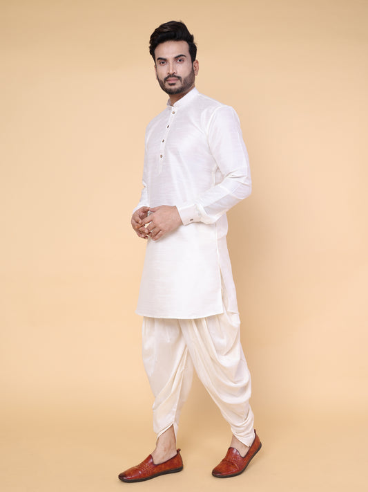 Men's Cream Silk Blend Kurta with Dhoti Set