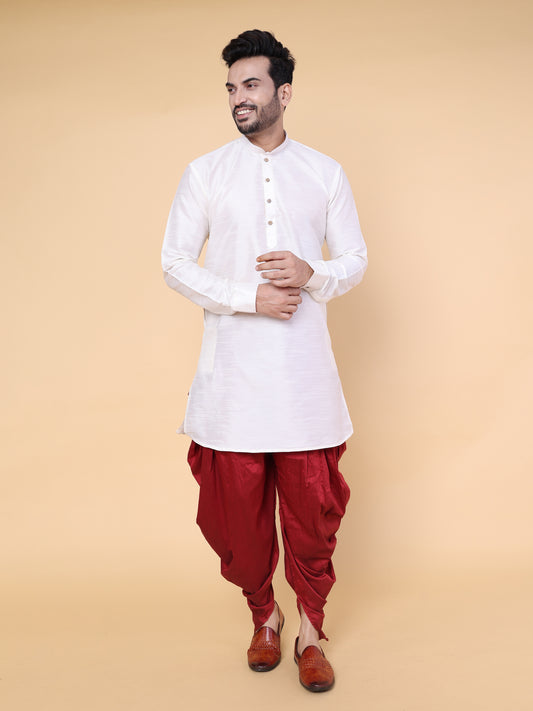 Men's Cream Silk Blend Kurta with Maroon Dhoti Set