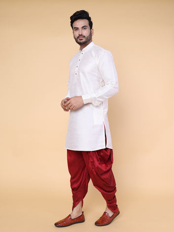 Men's Cream Silk Blend Kurta with Maroon Dhoti Set
