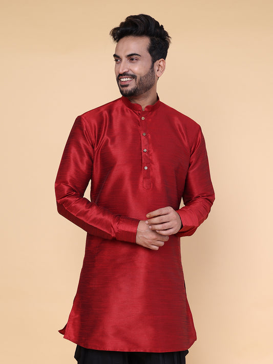 Men's Maroon Silk Blend Kurta with Black Dhoti Set
