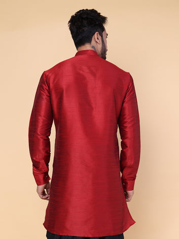Men's Maroon Silk Blend Kurta with Black Dhoti Set