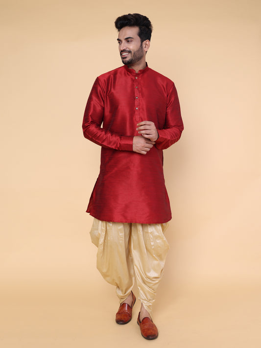 Men's Maroon Silk Blend Kurta with Gold Dhoti Set
