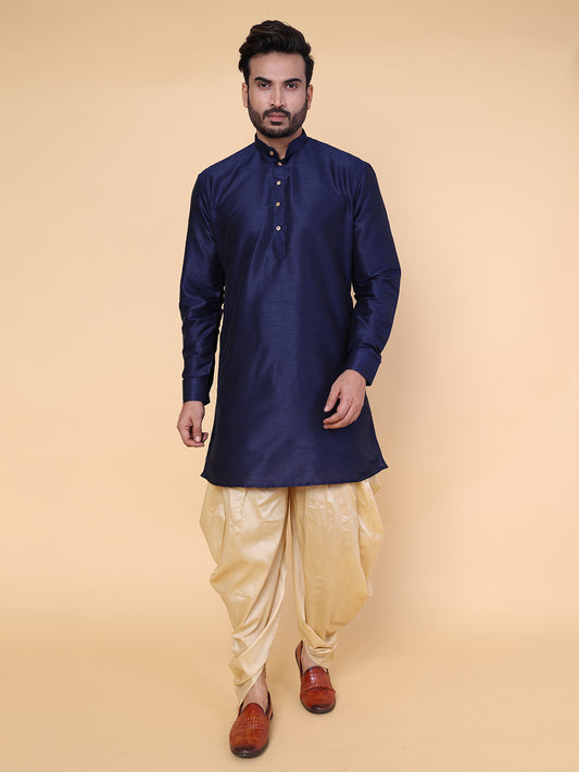 Men's Navy Blue Silk Blend Kurta with Gold Dhoti Set