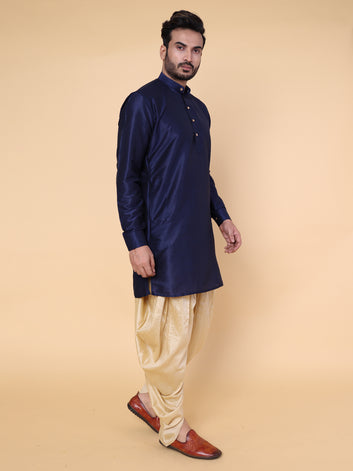 Men's Navy Blue Silk Blend Kurta with Gold Dhoti Set