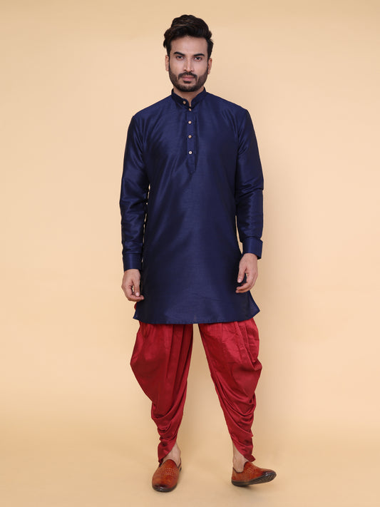 Men's Navy Blue Silk Blend Kurta with Maroon Dhoti Set