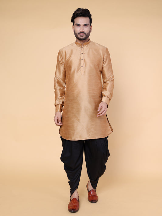 Men's Rose Gold Silk Blend Kurta with Black Dhoti Set