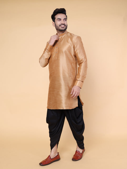 Men's Rose Gold Silk Blend Kurta with Black Dhoti Set