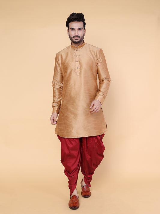 Men's Rose Gold Silk Blend Kurta with Maroon Dhoti Set