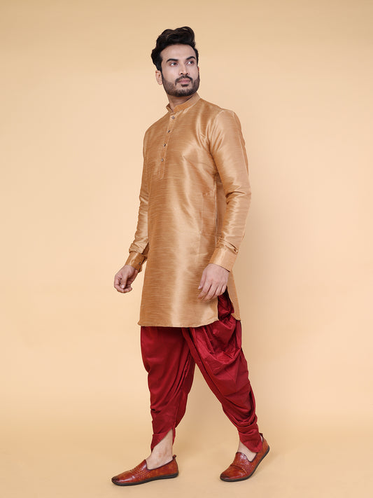 Men's Rose Gold Silk Blend Kurta with Maroon Dhoti Set