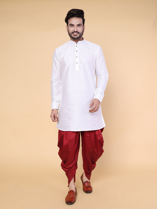 Men's White Silk Blend Kurta with Maroon Dhoti Set