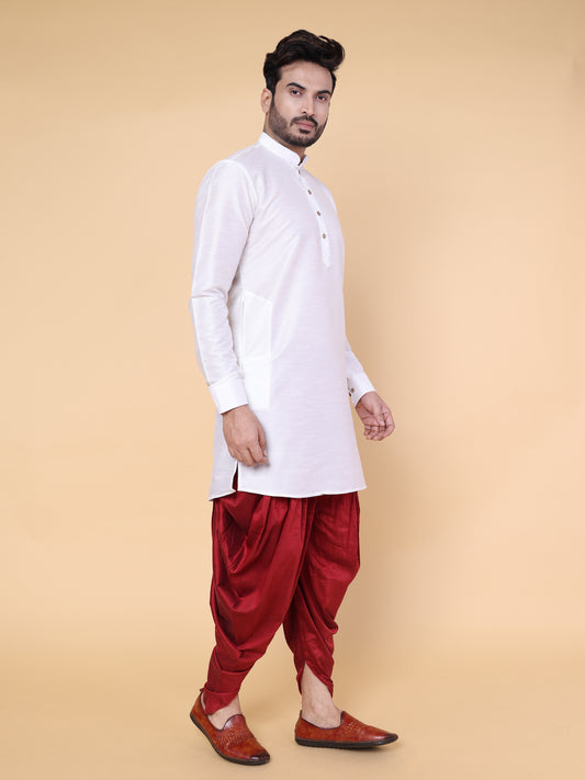 Men's White Silk Blend Kurta with Maroon Dhoti Set
