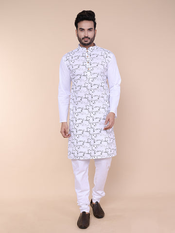 Men’s White Cotton Kurta with Black Leaf Print with Pajama