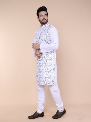 Men’s White Cotton Kurta with Black Leaf Print with Pajama