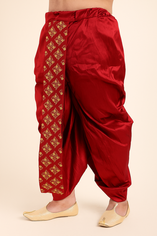 Men's Maroon Silk Blend Ready-to-Wear Dhoti with Golden Embroidered Border (Plus Size)